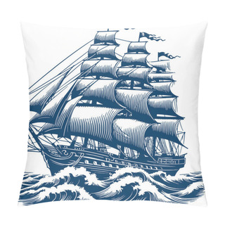 Personality  Vintage Timber Sailing Vessel Voyaging Through Waves Vector Hatch Pattern Drawing Pillow Covers