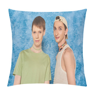 Personality  Young Lgbtq Friends With Colorful Beads And Casual Clothes And Looking At Camera While Standing Together On Mottled Blue Background During Pride Month  Pillow Covers