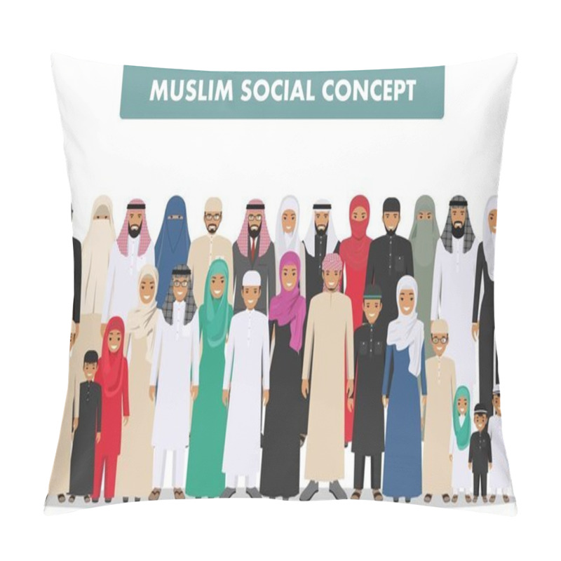 Personality  Family And Social Concept. Arab Person Generations At Different Ages. Group Young And Adults Muslim People Standing Together In Different Traditional Islamic Clothes On White Background In Flat Style. Pillow Covers
