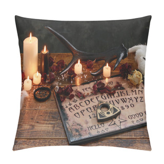 Personality  Mystic Ritual With Ouija And Candles. Devil's Board Concept, Black Magic Or Fortune Telling Rite With Occult And Esoteric Symbols. Pillow Covers