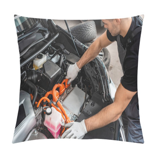 Personality  Young Mechanic Inspecting Car Engine Compartment  Pillow Covers