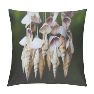 Personality  Close-up Shot Of Seashells Hanging On Threads On Dark Background Pillow Covers