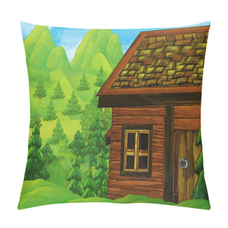 Personality  Cartoon Scene With Wooden House On Some Meadow And Nobody On The Stage - Illustration For Children Pillow Covers