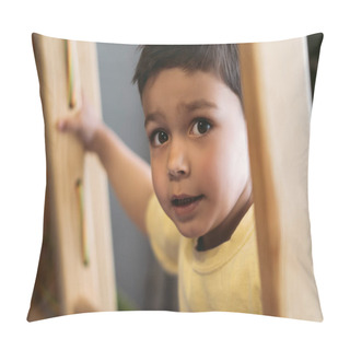 Personality  Selective Focus Of Adorable Boy Climbing On Ladder In Home Gym  Pillow Covers