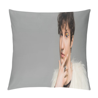 Personality  Portrait Of Brunette Pansexual Model In White Faux Fur Jacket And Silver Accessories Isolated On Grey, Banner Pillow Covers