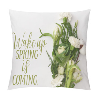 Personality  Top View Of Elegant Bouquet With Green Leaves, White Roses, Carnations And Cotton Flower On Grey Background With Spring Illustration Pillow Covers