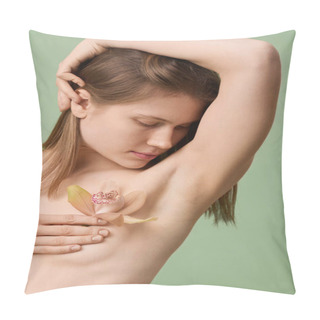 Personality  Medium Close-up Studio Portrait Of Young Caucasian Woman Holding Orchid Flower Posing Topless, Breast Cancer Awareness And Body Positivity Concept Pillow Covers