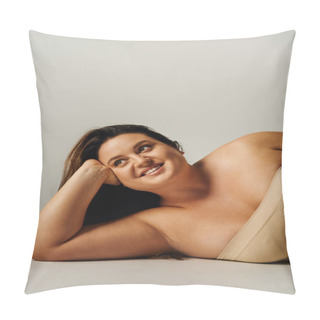 Personality  Cheerful Woman With Plus Size Body In Strapless Top With Bare Shoulders And Underwear Posing While Lying In Studio On Grey Background, Body Positive, Self-love, Relaxing, Looking Away  Pillow Covers