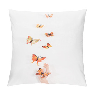 Personality  Cropped View Of Hand Near Orange Butterflies Flying On White Background, Environmental Saving Concept  Pillow Covers