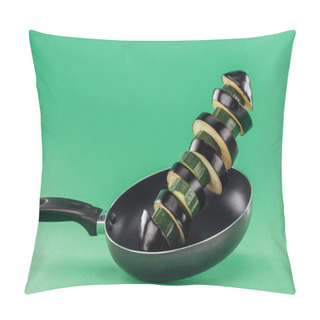 Personality  Sliced Green Zucchini And Aubergine In Frying Pan On Green Background Pillow Covers