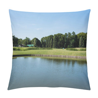 Personality  Green Trees Near Lake Against Blue Sky With Clouds  Pillow Covers
