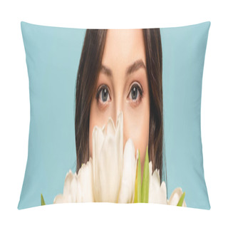 Personality  Panoramic Shot Of Young Woman Enjoying Flavor Of White Tulips While Looking At Camera Isolated On Blue Pillow Covers