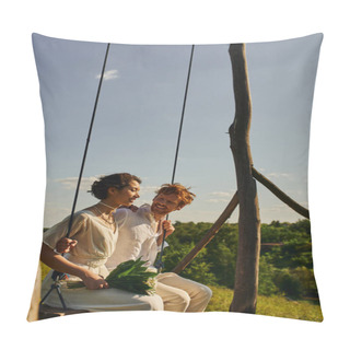 Personality  Young Asian Bride With Flowers Swinging With Carefree Redhead Groom, Wedding In Tranquil Countryside Pillow Covers