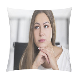 Personality  Close Up Of Pensive Blond Woman In White In Office Pillow Covers