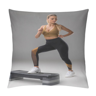 Personality  Sportive Young Woman Exercising On Step Board On Grey Pillow Covers
