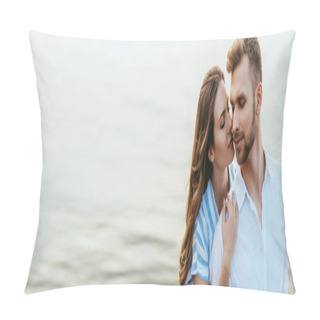 Personality  Website Header Of Attractive Woman Hugging Handsome Man With Closed Eyes Near River  Pillow Covers