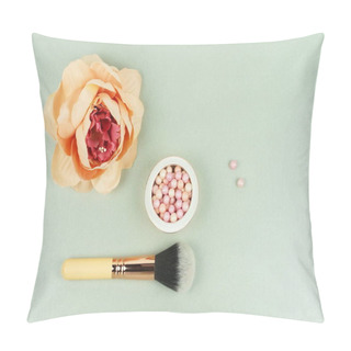 Personality  Valentine's Day Concept Background. Makeup Cosmetic Accessories And Flower On Pale Grey Background. Flat Lay. Top View. Copy Space Pillow Covers