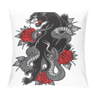 Personality  Panther Snake Roses Tattoo Graphic Pillow Covers