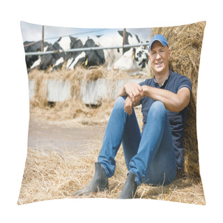 Personality  Joyful Farmer On A Farm Among Cows Sitting On Ground Pillow Covers