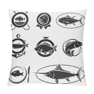 Personality  Fish Stamps And Labels Set. Vector Pillow Covers