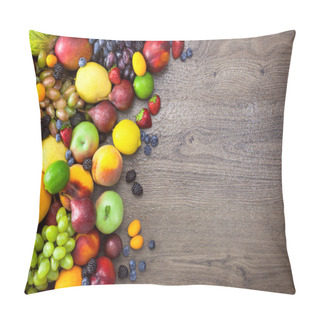 Personality  Different Organic Fruits  With  Water Drops On Wooden Table Back Pillow Covers
