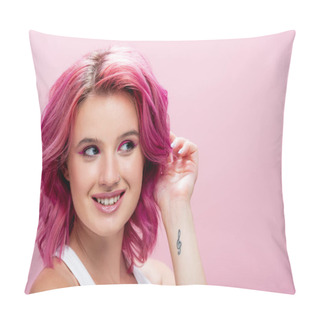 Personality  Young Woman With Colorful Hair And Makeup Posing With Hand Near Face Isolated On Pink Pillow Covers