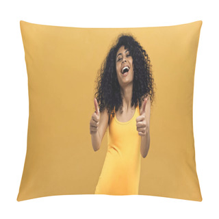 Personality  Cheerful Pregnant Hispanic Woman Showing Thumbs Up Isolated On Yellow Pillow Covers