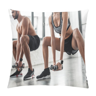 Personality  Cropped Shot Of Sporty Young Man And Woman Squatting With Dumbbells In Gym Pillow Covers