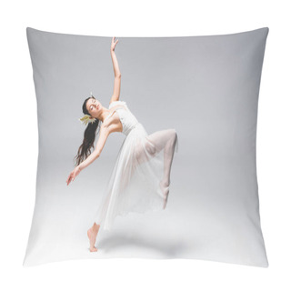 Personality  Beautiful Young Ballerina In White Dress Dancing On Grey Background Pillow Covers