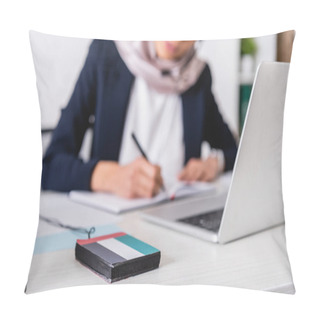 Personality  Selective Focus Of Digital Translator With Uae Flag Emblem Near Interpreter Working On Blurred Background, Cropped View Pillow Covers