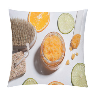 Personality  An Orange Scrub In A Glass Jar On A White Table With Pieces Of Citrus Fruits. Nearby Is A Brush Made Of Natural Bristles For Body Peeling, A Pumice Stone For Feet. Pillow Covers