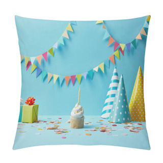 Personality   Delicious Cupcake, Party Hats, Confetti And Gifts On Blue Background With Colorful Bunting Pillow Covers