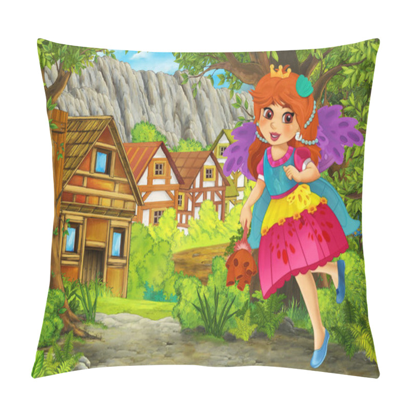 Personality  cartoon summer scene with path to the farm village with prince and princess illustration for children pillow covers