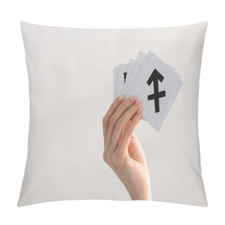 Personality  Cropped View Of Woman Holding Cards With Zodiac Signs Isolated On Grey Pillow Covers