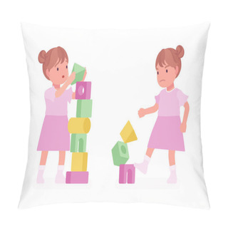 Personality  Toddler Child, Little Girl Playing With Stacking Cubes, Breaking Pillow Covers