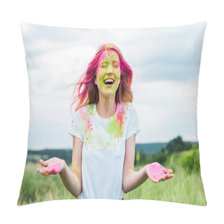 Personality  Cheerful Woman With Closed Eyes And Pink Holi Paint On Face Gesturing And Smiling Outdoors  Pillow Covers