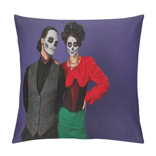 Personality  Elegant Couple In Traditional Dia De Los Muertos Skeleton Makeup Looking At Camera On Blue Backdrop Pillow Covers