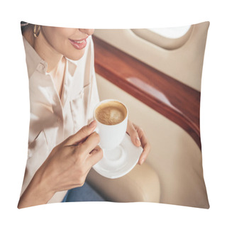 Personality  Cropped View Of Smiling Woman In Shirt Holding Cup Of Coffee In Private Plane  Pillow Covers