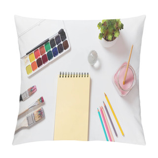 Personality  Artistic Sketch Book With Empty Space Or Copy Space, Artistic Work Table, Watercolor Palette And Sketchpad Ready For Use, Art Tutorials And Creative Workshops Pillow Covers
