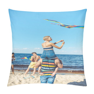 Personality  Selective Focus Of Interracial Group Of Friends With Kites Having Fun On Sandy Beach Pillow Covers