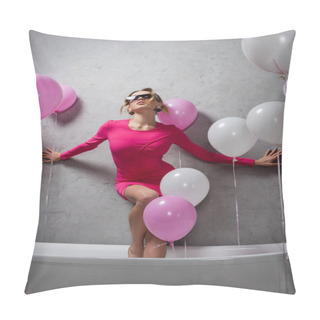 Personality  Stylish Woman Posing In Bathtub Near Balloons  Pillow Covers