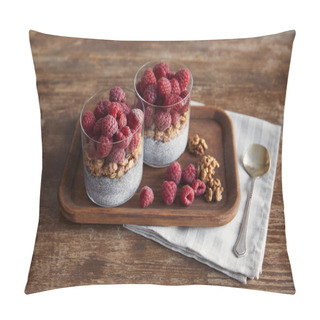 Personality  Tasty Yogurt With Chia Seeds, Oat Flakes, Nuts And Raspberries On Wooden Tray On Napkin With Teaspoon On Table Pillow Covers