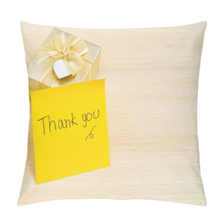 Personality  Thank You Words On Sticky Note With Gold Gift Box On Wood Backgr Pillow Covers