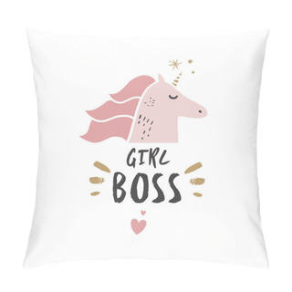 Personality  Cute Hand Drawn Unicorn. Pastel Colors. Good For Girl Prints, Birthday Invitations, Cards. Postcard With Magical Pony. Vector Illustration. Girl Boss Theme   Pillow Covers