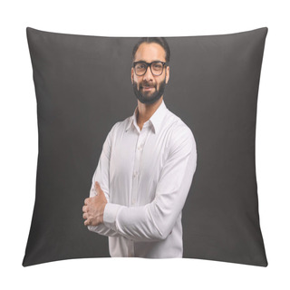 Personality  Headshot Of Intelligent Professional Indian Businessman Wearing Formal Wear And Eyeglasses Looking At The Camera While Posing Arms Crossed Isolated On Black Pillow Covers