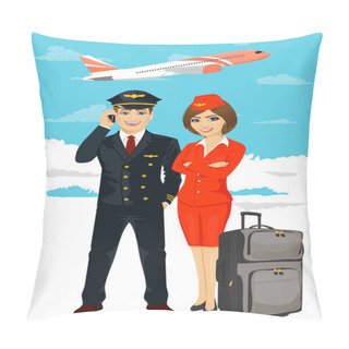 Personality  Professional Aviation Crew Members Of Pilot And Stewardess With Air Plane Taking Off On Background Pillow Covers