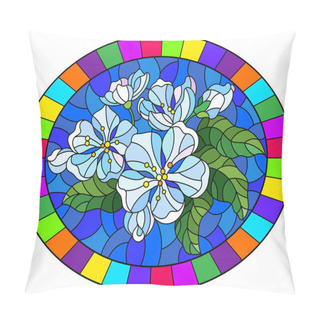 Personality  Illustration In Stained Glass Style With A Branch Of Cherry Blossoms, Flowers, Buds And Leaves On A Blue Background, Oval Image In Bright Frame Pillow Covers