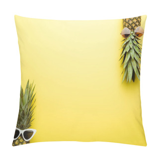 Personality  Top View Of Ripe Pineapples In Sunglasses On Yellow Background Pillow Covers
