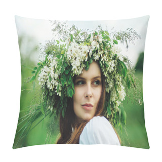 Personality  Young Pagan Slavic Girl Conduct Ceremony On Midsummer. Beauti Gi Pillow Covers
