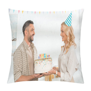 Personality  Smiling Wife Presenting Birthday Cake With Happy Birthday Candles To Husband Pillow Covers
